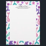 Girly Watercolor Mermaids Tales Seashells Pattern Letterhead<br><div class="desc">This girly and artsy pattern is perfect for the mermaid loving girl. It features hand-painted teal green, violet purple, blush pink, and berry pink watercolor mermaids, mermaid tails, and a variety of seashells on top of a simple white background. It's pretty, cute, fun, and playful. Stylize with this hand-painted pattern...</div>