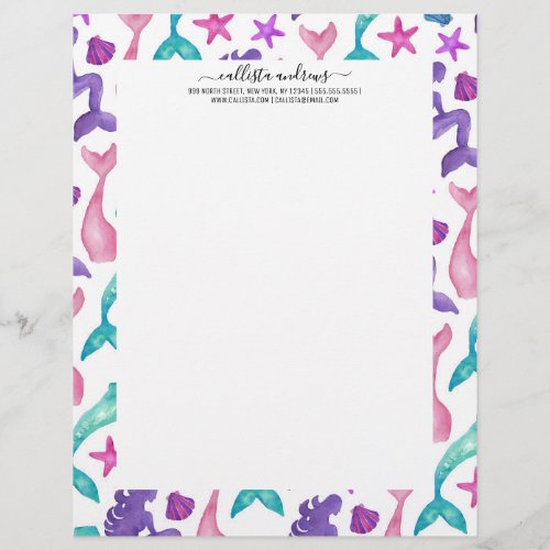 Girly Watercolor Mermaids Tales Seashells Pattern Letterhead