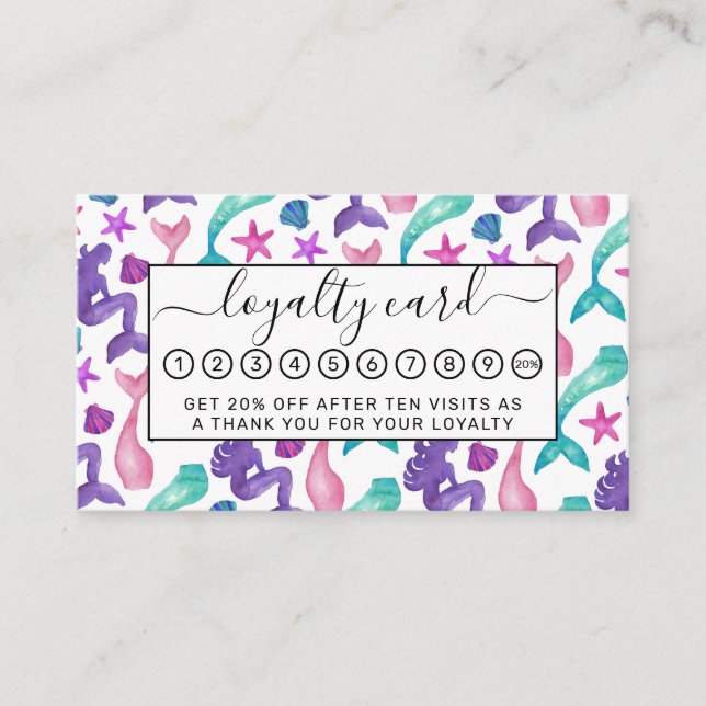 Girly Watercolor Mermaids Tales Seashells Pattern Loyalty Card (Front)