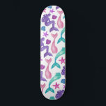 Girly Watercolor Mermaids Tales Seashells Pattern Skateboard<br><div class="desc">This girly and artsy pattern is perfect for the mermaid loving girl. It features hand-painted teal green, violet purple, blush pink, and berry pink watercolor mermaids, mermaid tails, and a variety of seashells on top of a simple white background. It's pretty, cute, fun, and playful. Stylize with this hand-painted pattern...</div>