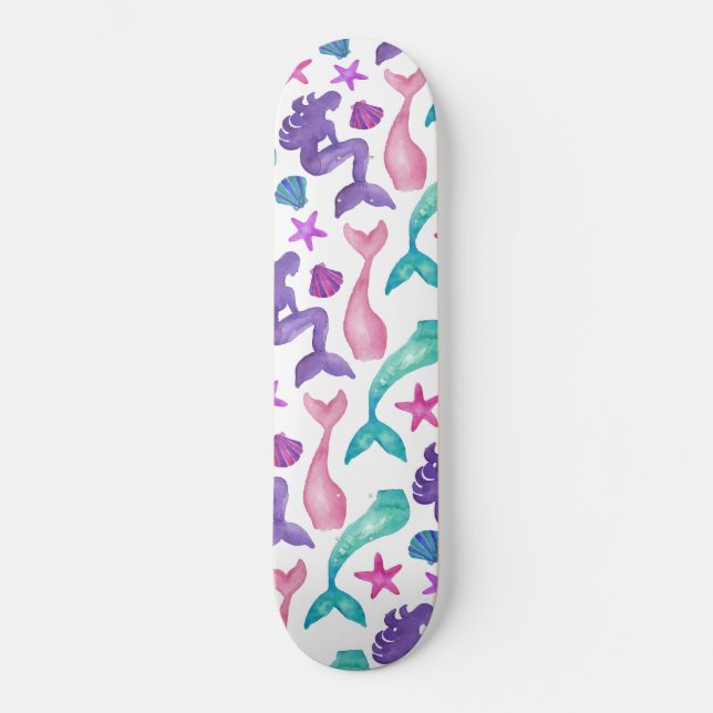 Girly Watercolor Mermaids Tales Seashells Pattern Skateboard (Front)