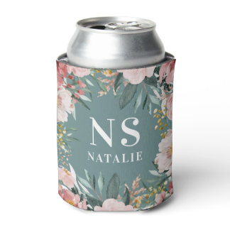 Girly watercolor pink floral birthday elegant can cooler