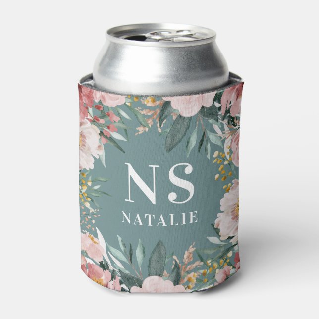 Girly watercolor pink floral birthday elegant can cooler (Can Front)