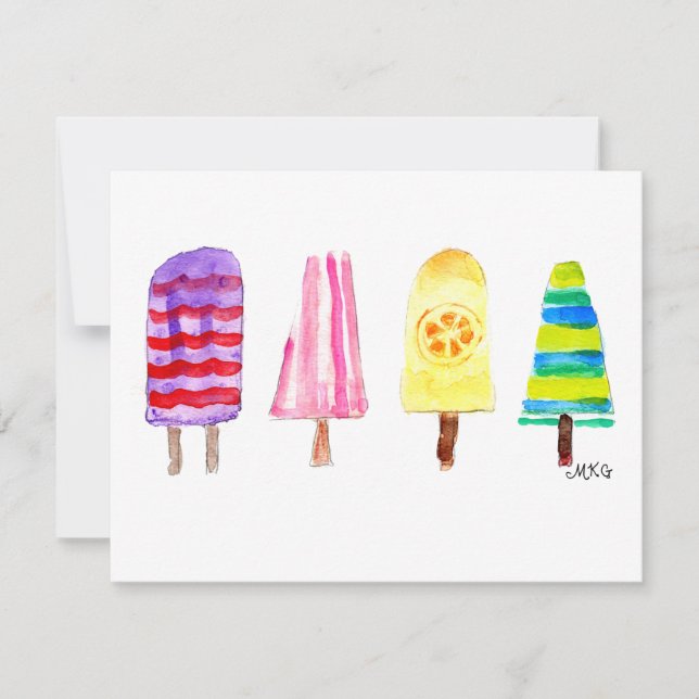 Girly Watercolor Popsicles Hand-Drawn Note Cards (Front)
