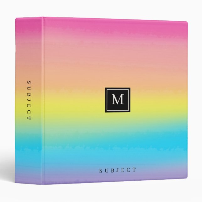 Girly Watercolor Rainbow Monogram School Subject 3 Ring Binder (Front/Spine)