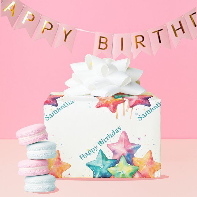 Girly Watercolor rainbow stars Birthday Wrapping Paper (Creator Uploaded)