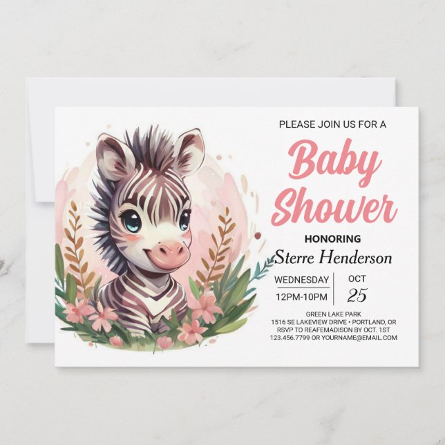 Girly Watercolor Safari Zebra Baby Shower Invitation (Front)