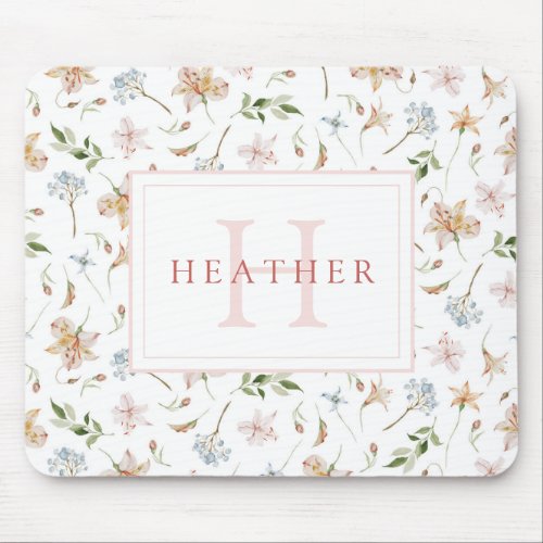 Girly Watercolor Spring Floral Monogrammed  Mouse Pad