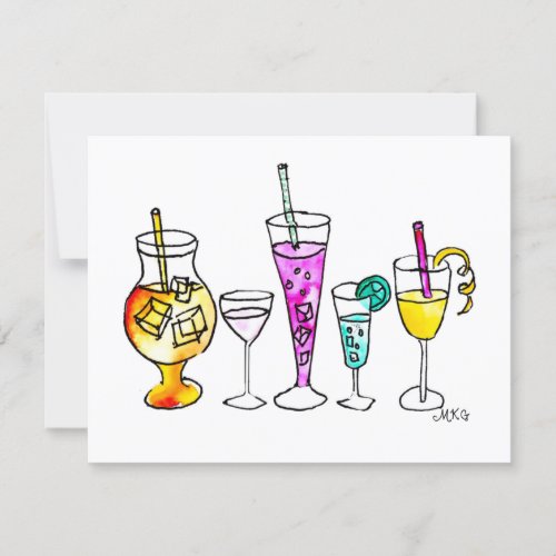 Girly Watercolor Summer Cocktails Retro Note Cards