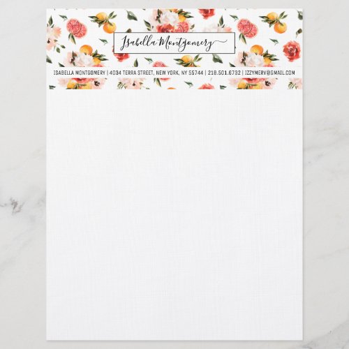 Girly Watercolor Tangerine Citrus Boho  Monogram Letterhead