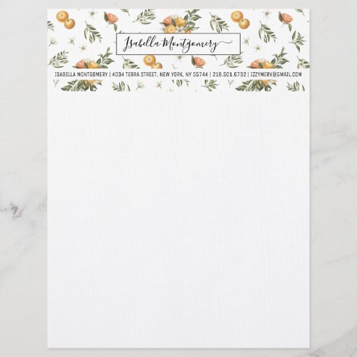 Girly Watercolor Tangerine Citrus Boho  Monogram Letterhead