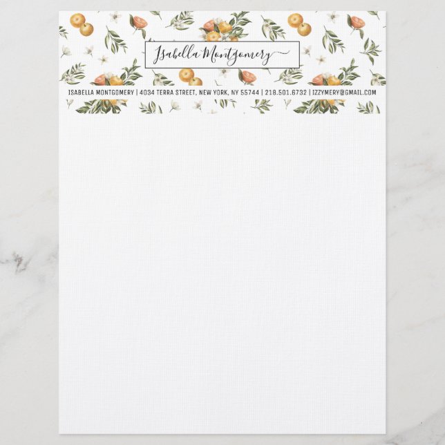 Girly Watercolor Tangerine Citrus Boho | Monogram Letterhead (Front)