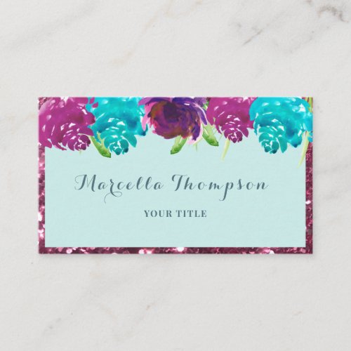 Girly Watercolor Teal Fuchsia Pink floral Glitter Business Card