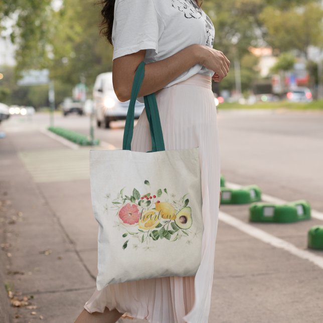 Girly Watercolor Tropical Citrus Fruit | Monogram Tote Bag (Creator Uploaded)