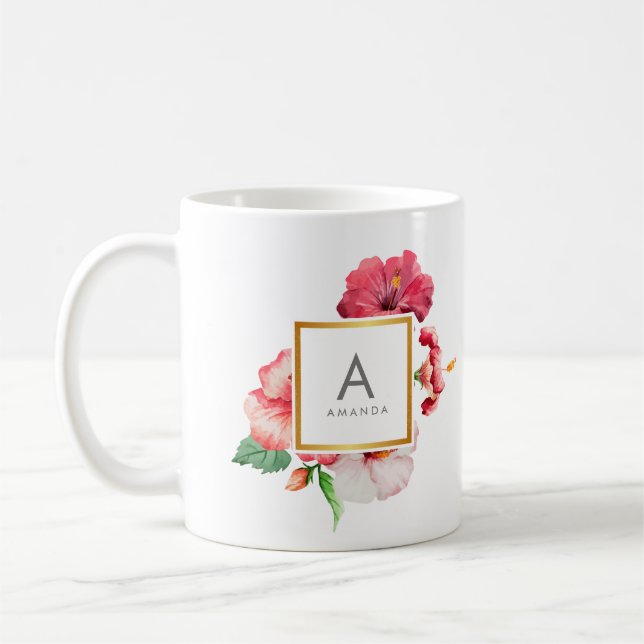 Girly Watercolor TROPICAL hibiscus Flower Monogram Coffee Mug (Left)
