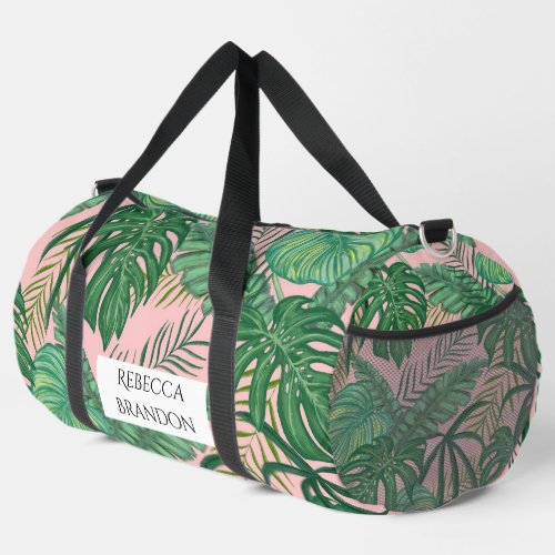 Girly Watercolor Tropical Palm Leaf Pink Name Duffle Bag