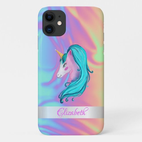 Girly Watercolor Unicorn Holographic Ombre iPhone 11 Case