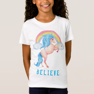 Girly Watercolor Unicorn Rainbow "Believe" T-Shirt
