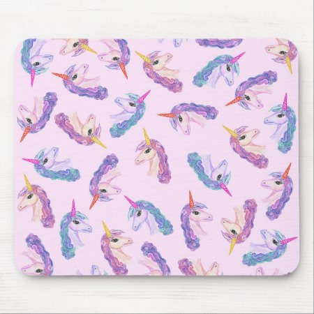 Girly Watercolor Unicorns Pattern In Pink Purple Mouse Pad