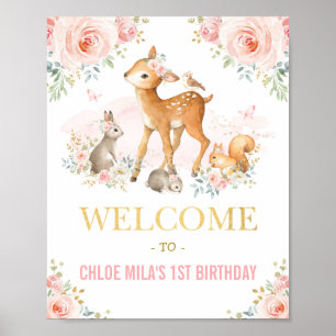 Girly Watercolor Woodland Pink Floral 1st Birthday Poster