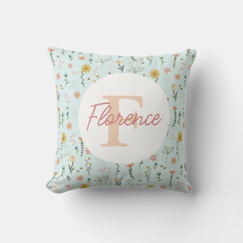 Girly Whimsical Boho Wildflower Monogram Throw Pillow