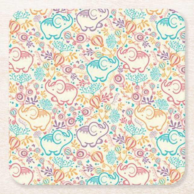 Girly Whimsical Retro Floral Elephants Coasters (Front)
