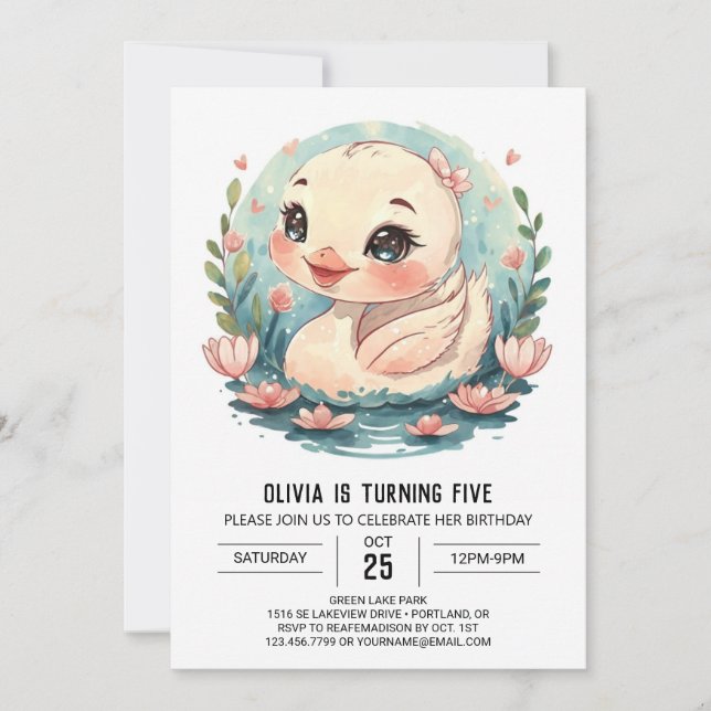 Girly Whimsical Swan Bird Birthday Invitation (Front)
