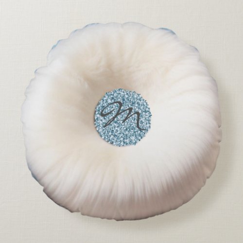 Girly White and Blue Faux Fur Look Round Pillow