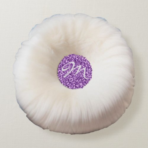 Girly White and Purple Faux Fur Look Round Pillow