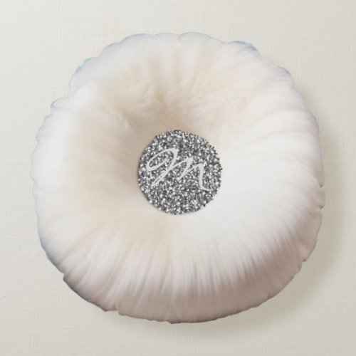 Girly White and Silver Faux Fur Look Round Pillow