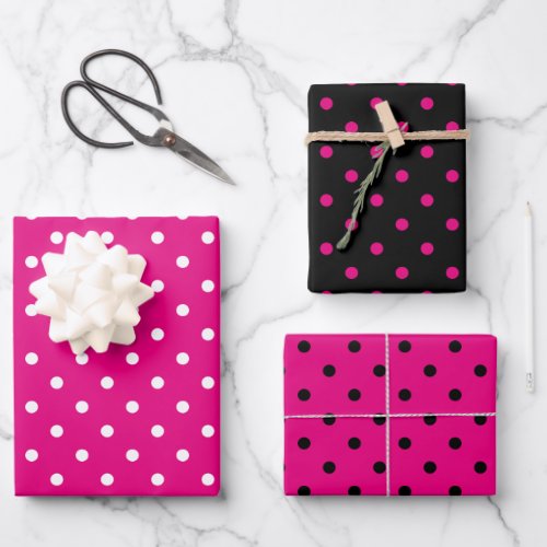 Girly White Black and Hot Pink Polka Dot Mix Wrapping Paper Sheets