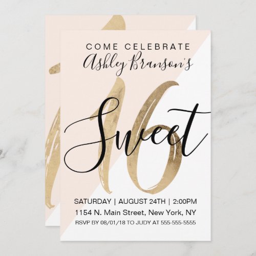Girly White Blush Pink Geo Faux Gold Foil Sweet 16 Invitation