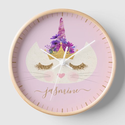 Girly White Caticorn Face on Pink Gold Script Name Clock