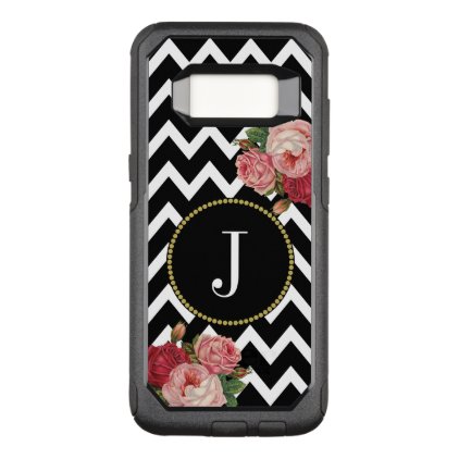 Girly White Chevron Vintage Flowers Black Monogram OtterBox Commuter Samsung Galaxy S8 Case