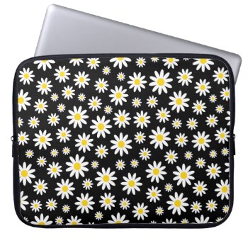 Girly White Daisy Watercolor Floral Pattern Black Laptop Sleeve by girlygirlgraphics at Zazzle