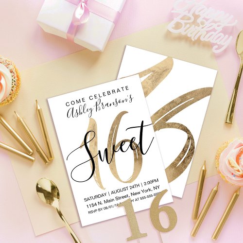 Girly White Faux Gold Foil Sweet 16 Invitation