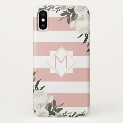 Girly White Floral Pink Striped Framed Monogram iPhone XS Case