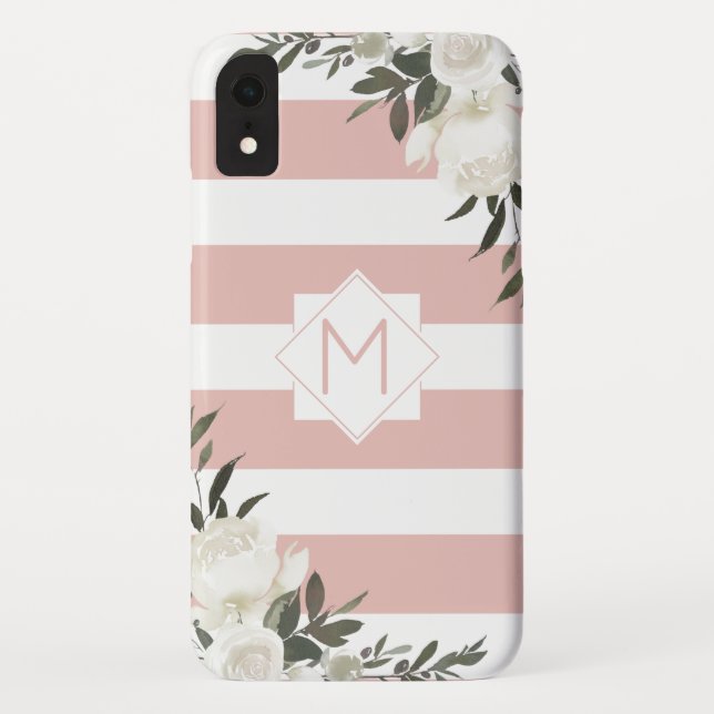 Girly White Floral Pink Striped Framed Monogram Case-Mate iPhone Case (Back)