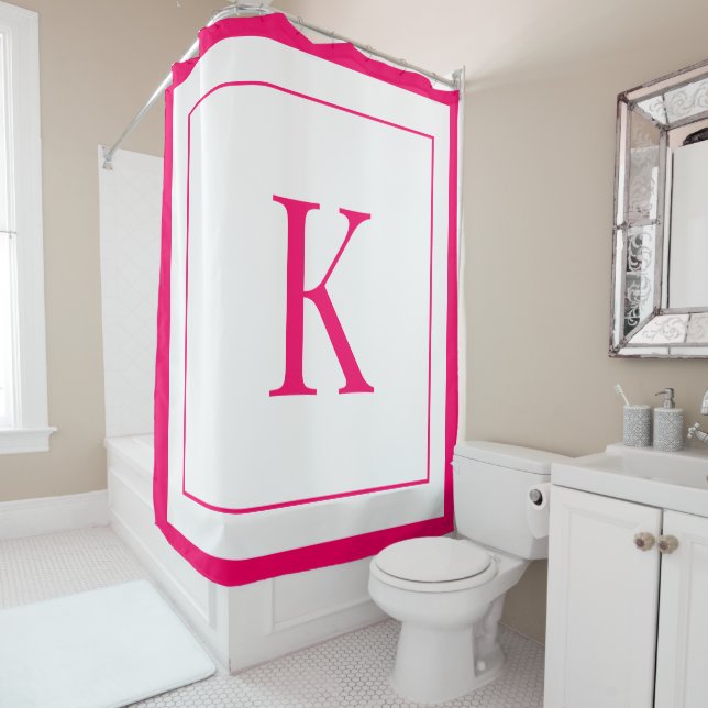 Girly White & Fuchsia  Initial Monogram  Shower Curtain (In Situ)