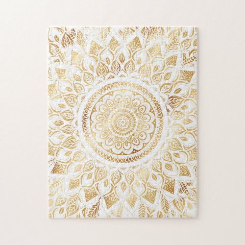 Girly White Gold Mandala Floral Jigsaw Puzzle