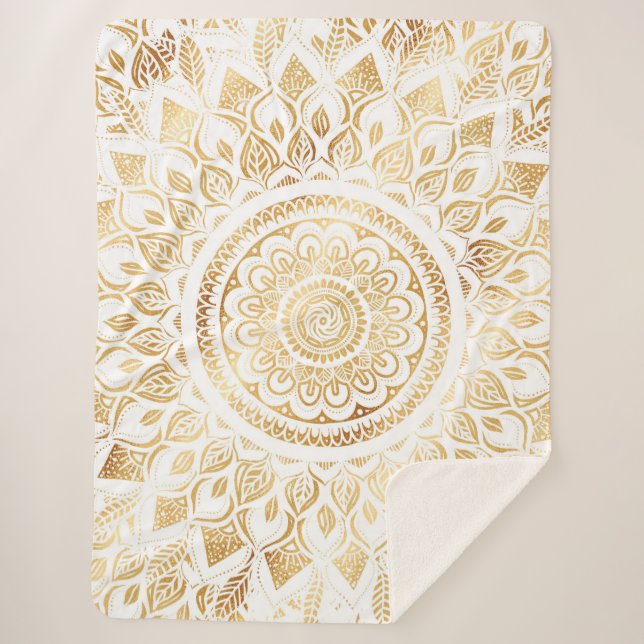 Girly White Gold Mandala Floral Sherpa Blanket (Front)