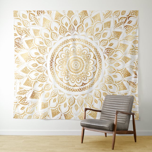 Girly White Gold Mandala Floral Tapestry (In Situ (Horizontal))