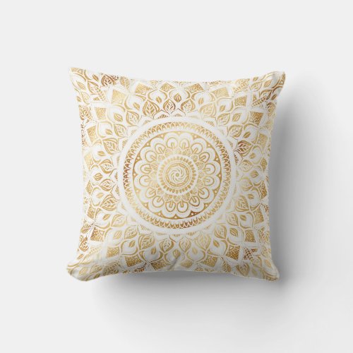 Girly White Gold Mandala Floral Throw Pillow