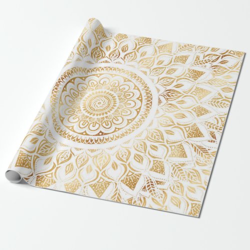 Girly White Gold Mandala Floral Wrapping Paper