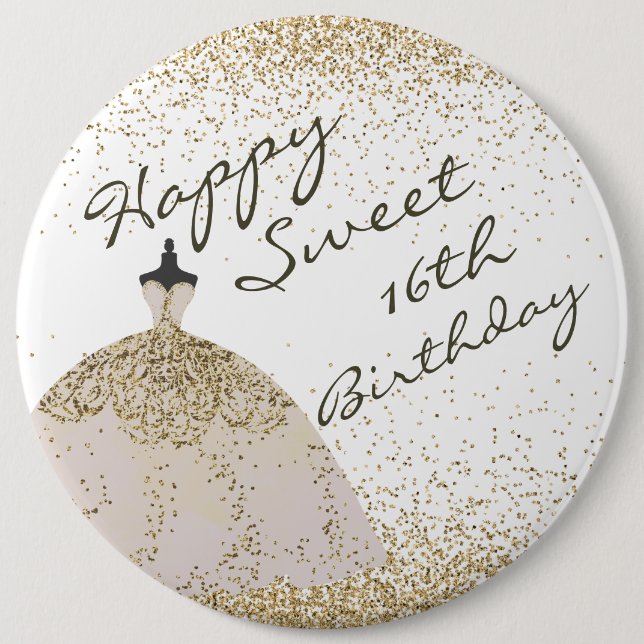 Girly White Golden Ball Gown Sweet 16th Birthday Button (Front)