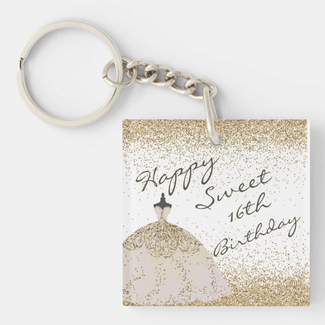 Girly White Golden Ball Gown Sweet 16th Birthday K Keychain (Front)