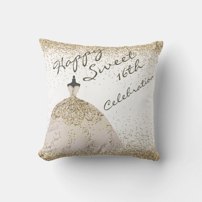 Girly White Golden Big Gown Sweet 16th Birthday  Throw Pillow (Front)