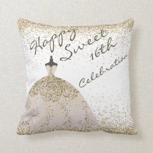 Girly White Golden Big Gown Sweet 16th Birthday  Throw Pillow