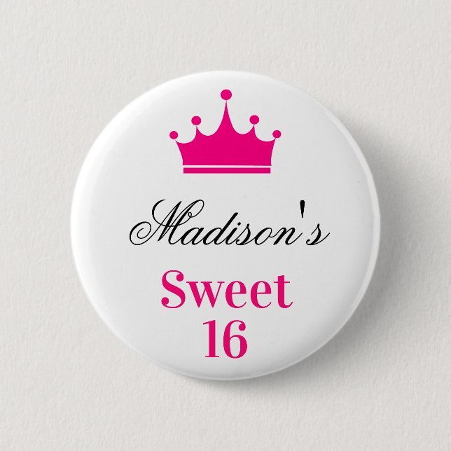 Girly White Hot Pink Sweet 16 Princess Crown Name Button (Front)