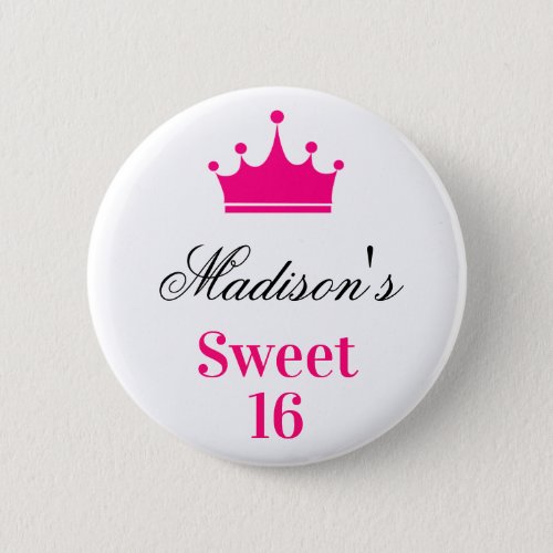 Girly White Hot Pink Sweet 16 Princess Crown Name Button